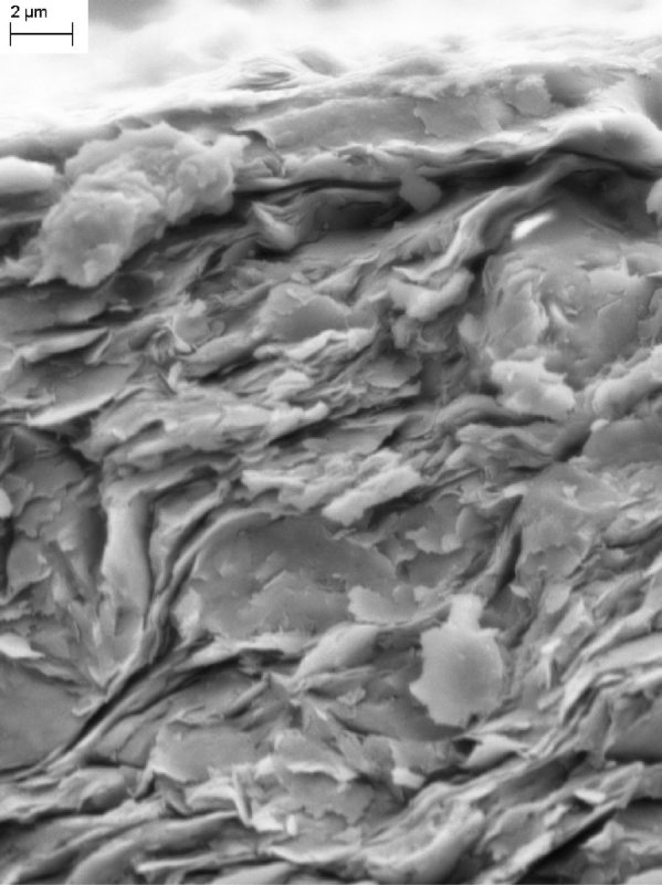 L’argile à Opalinus est composée d’une multitude de minéraux argileux ressemblant à des feuillets microscopiques. Cette géométrie particulière avec une très grande surface spécifique explique les propriétés des roches argileuses.