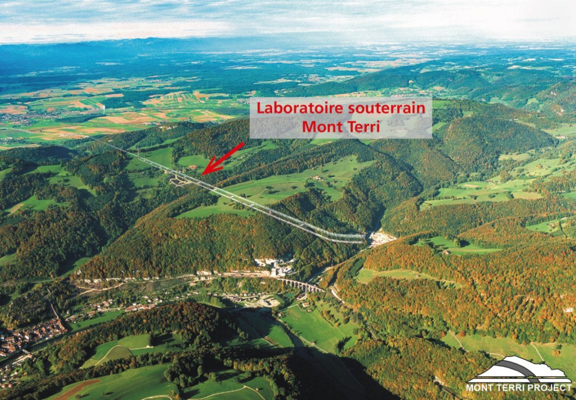 Vue aérienne du Mont Terri avec la projection du tunnel autoroutier et du laboratoire souterrain